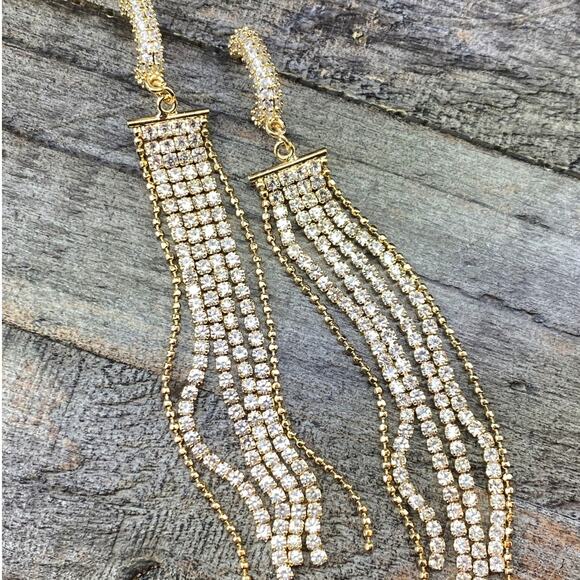 NEW Rhinestones & Gold Fringe Statement Earrings - Picture 4 of 14